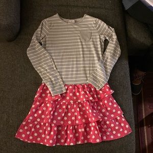 Hanna Andersson Grey striped, hot pink polka dot dress with tiered skirt